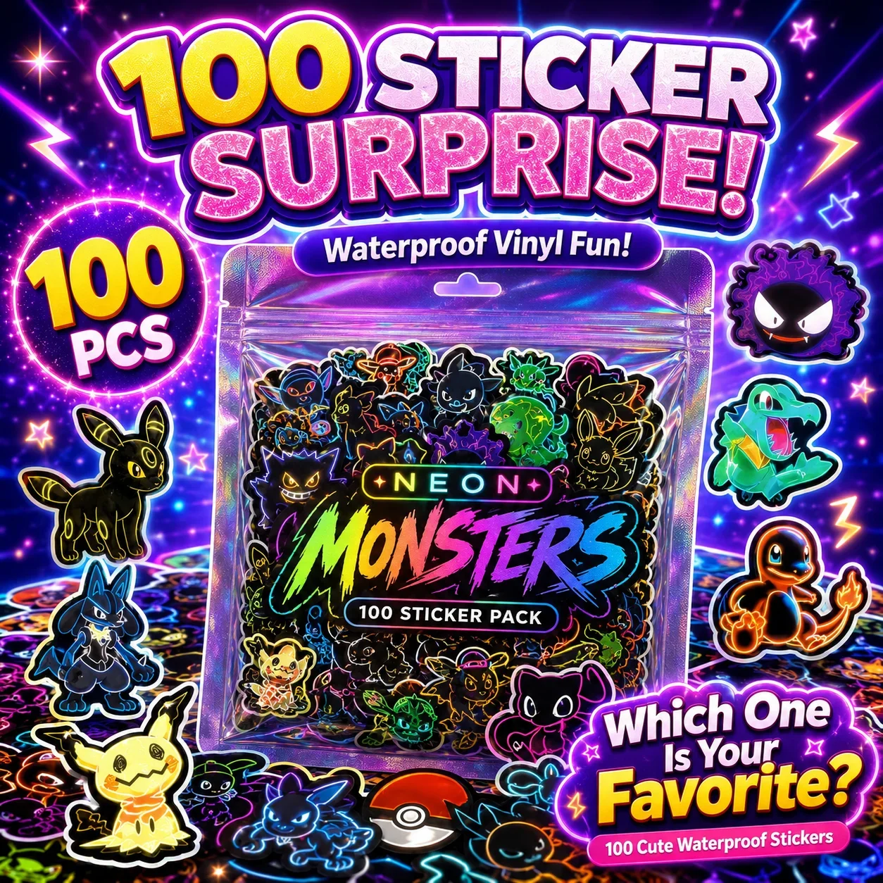 Luggage - 100 autocollants Pokémon néon, imperméables, à